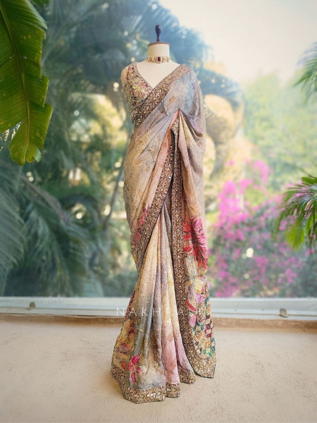 Fiora Multicolor Floral Zari Mirror Saree