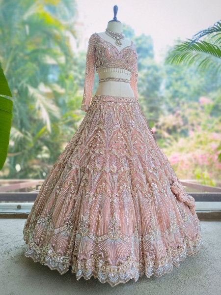 Cosmic Pink Net Lehenga with Beads Sequin and Pearl Work