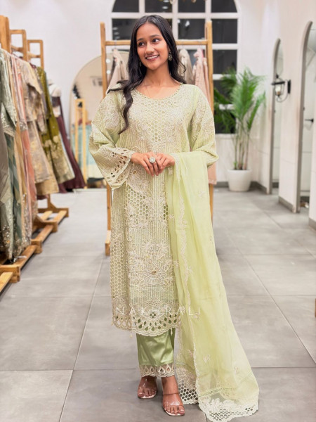Rivana Green Straight Suit Set with Cutwork and Bead Embroidery