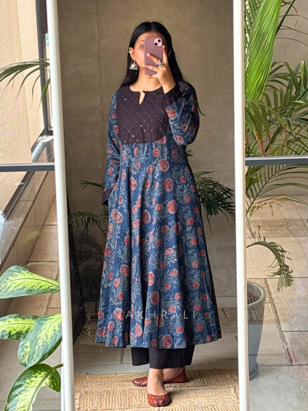Adaa Cotton Blue Block Printed Kurta with Handwork Yoke