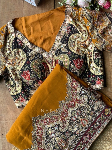 Dhara Mustard Georgette Silk Saree With Kalamkari & Cutdana Work