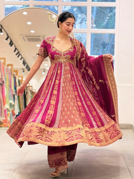 Kamalika Magenta Silk & Tissue Anarkali Suit Set with Gold Zari Lotus Embroidery