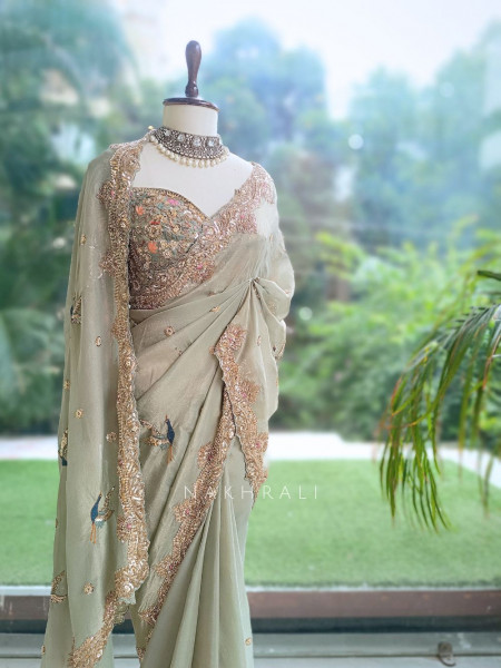 Avian Whimsy Sea Green Pure Organza Saree