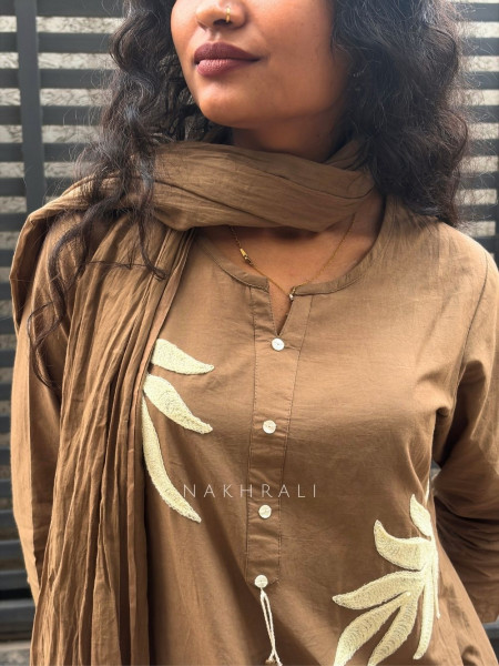 Kavira Brown Cotton Suit Set with Appliqué Bird Motif Work