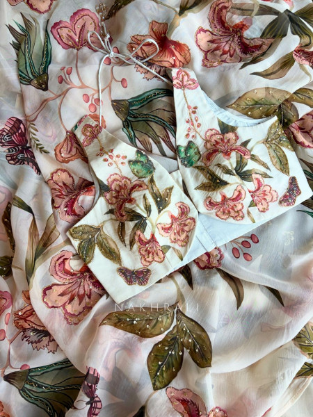 Dahlia Cream Floral Organza Saree with Sequin and Cut Dana Work