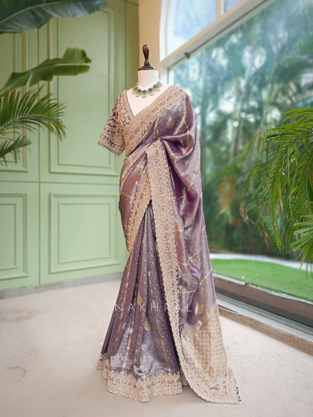 Vyanika Lavender Kota Tissue Silk Saree with Readymade Blouse