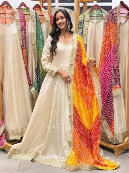 Malhar Oeange Anarkali and Sunrise Bandhani Set