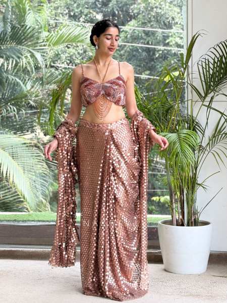 Ornate Aurora Rose Gold Metallic Georgette Drape Saree