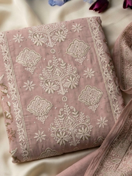 Kusumdhara Light Purple Dress Material With Floral Embroidery and Printed Dupatta