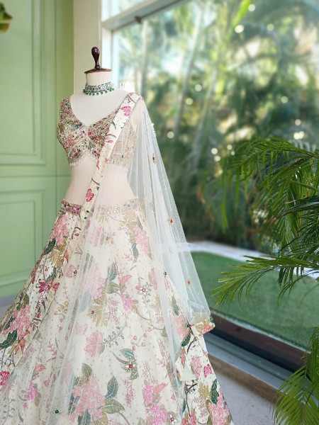 Secret Garden Cream Georgette Silk Floral Lehenga