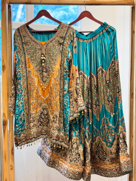 Zardozi Shell Rama Green Silk Satin Blend Sharara Suit Set