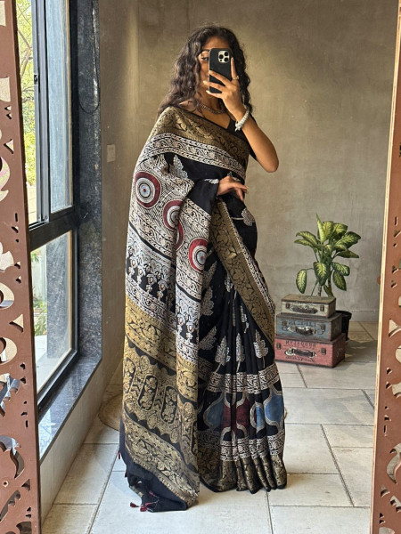 Indra Black Modal Saree with Zari Weave Border