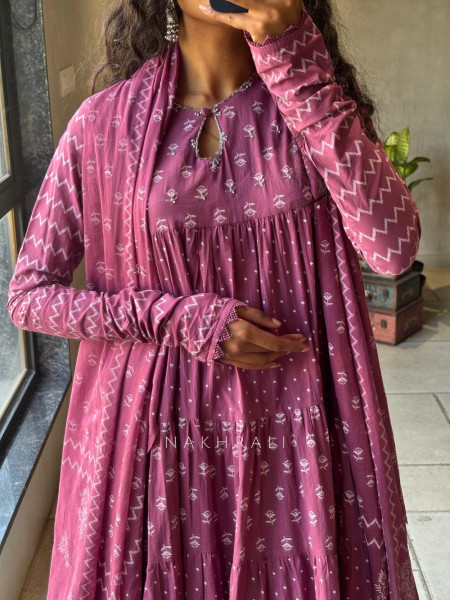 Mireya Wine Cotton Anarkali Suit Set with Printed Design