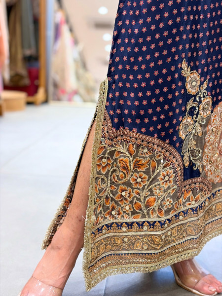 Nirvani Navy Blue Modal Silk Long Suit Set With Sheesha, Sequin & Gota Work