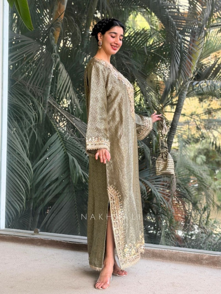 Kyra Green Straight Dress with Mirror Zari Work