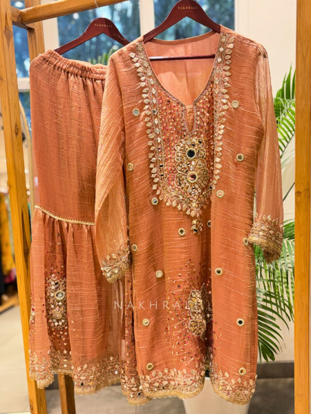 Aisha Peach Tissue Suit Set with Mirror and Gota Patti Work