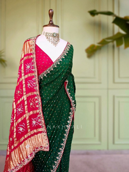 Verdant Red & Green Bandhej Saree Zari Border Work