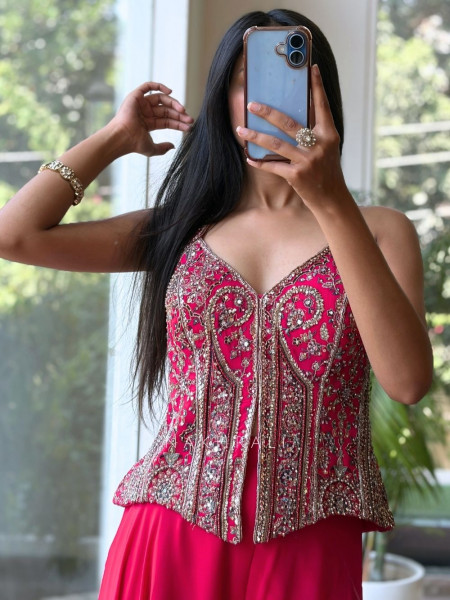 Ornate Flair Magenta Georgette Indo Western Palazzo Set