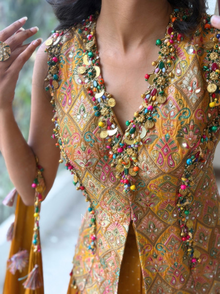 Jashn-e-Malhar Yellow Brocade Silk Indo-Western Palazzo Set