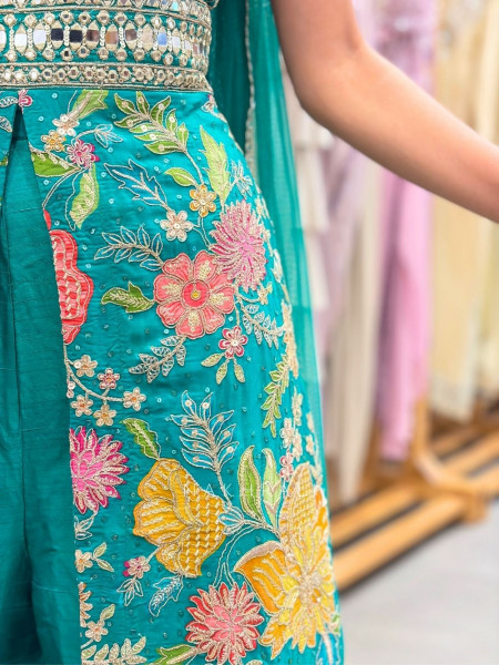 Tirva Green Indo Western Palazzo Set with Floral Print and Mirror Work