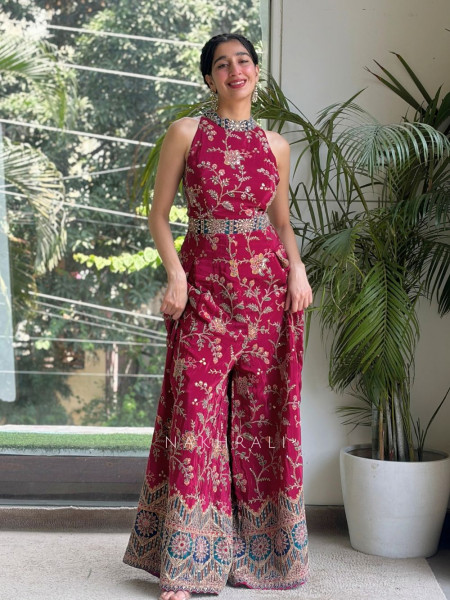Xaria Wine Premium Silk Blend Indo-Western Jumpsuit