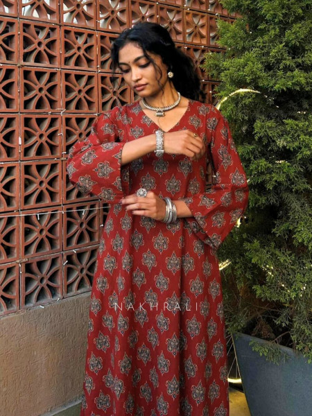 Sootra Maroon Block Print Cotton Pant Kurta Set