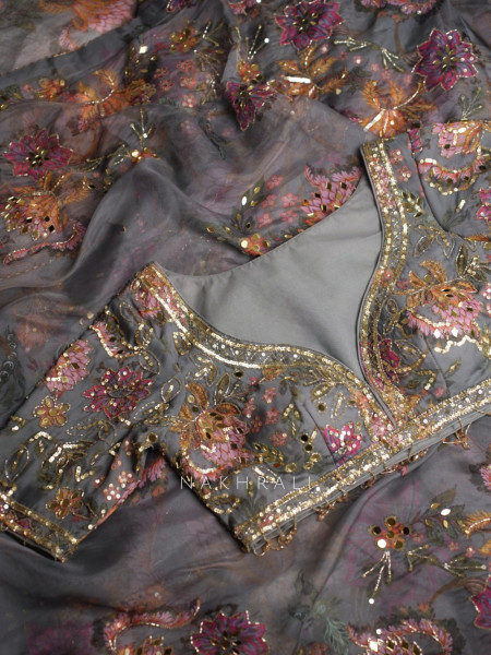 Smoked Grey Georgette Tissue Saree with Readymade Blouse