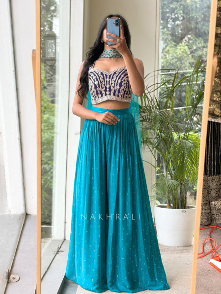 Baroque Ensemble Firozi Georgette & Velvet Bustier Palazzo Suit Set