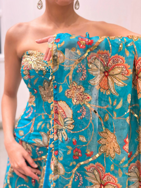 Nakkashi Blue Organza Silk Floral Printed Corset Lehenga Set with Zardozi & Mirror Work