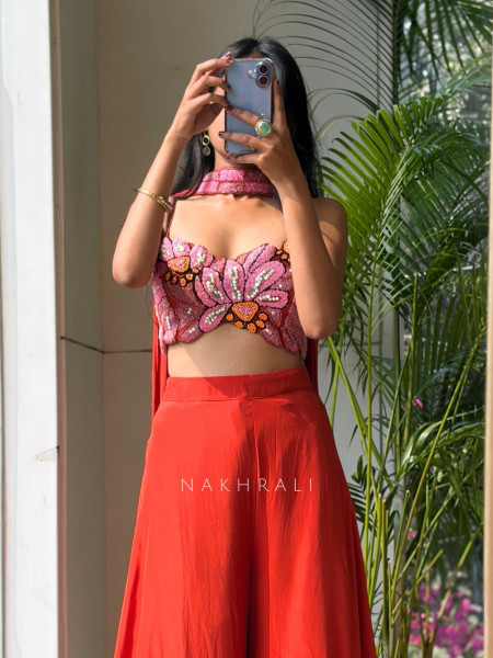 Beaded Bloom Orange Crop Top Palazzo Set with Choker Dupatta