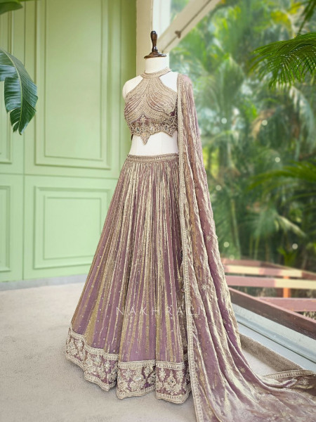 Zarish Brown Indo-Western Halter Lehenga Set with Mirror Work