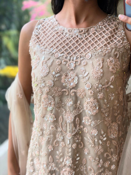 Melovia Beige Net Sharara Suit Set with Floral Sequin Work