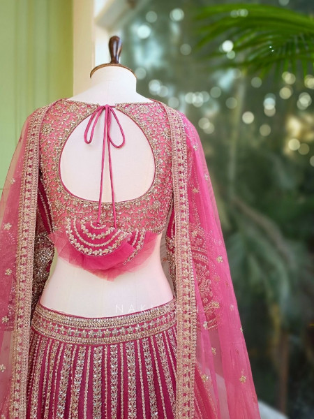 Rishvaya Magenta Stone and Bead Embroidered Bridal Lehenga