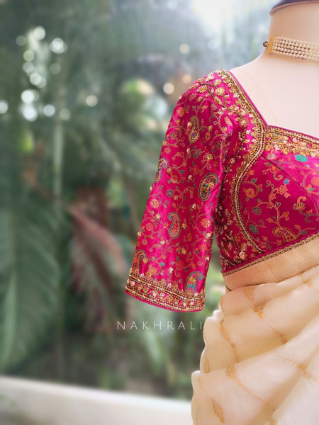 Mrignayani Cream Saree with Embroidered Blouse & Brocade Weave