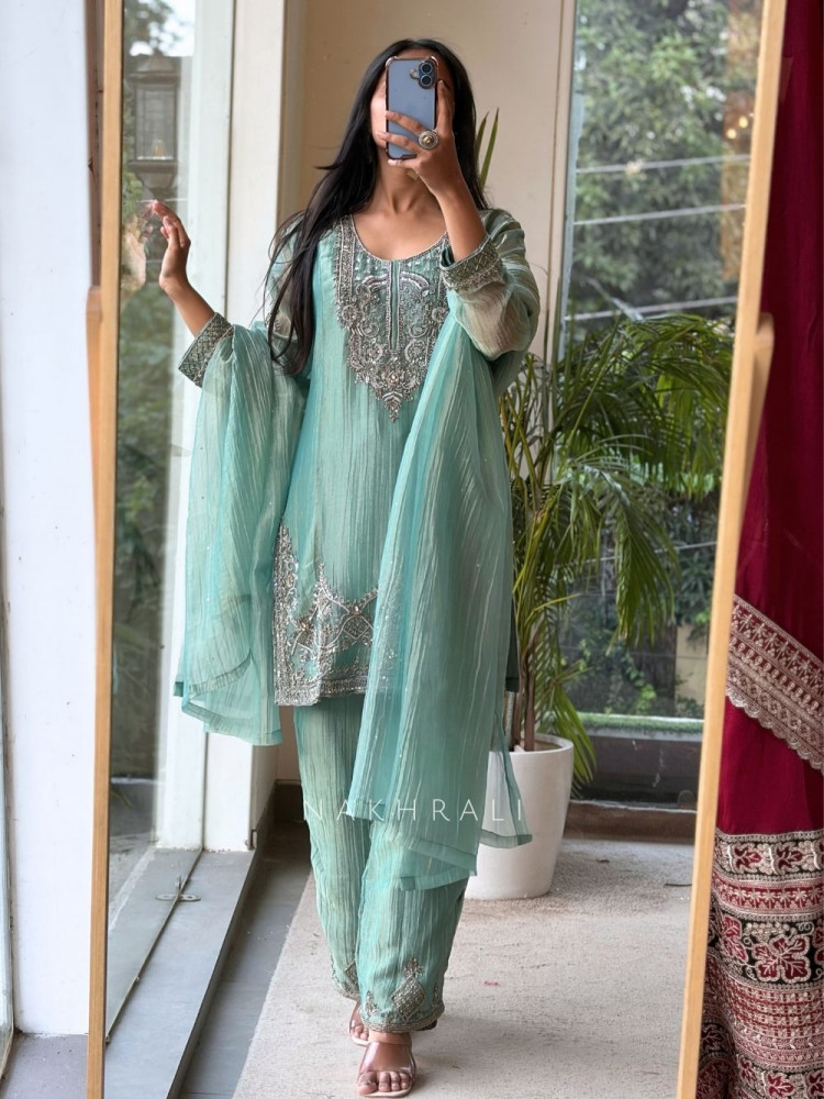 Image of Mrinalini Sea Green Tissue Silk Suit Set