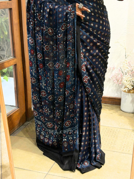 Nargis Blue Modal Silk Saree With Ajrakh Print