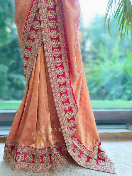 Crimson Gilded Silk Ensemble Orange Saree