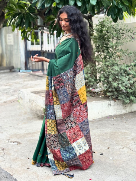 Sootra Green Cotton Saree with Patchwork Border