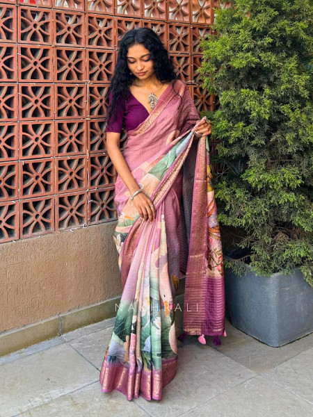 Zerina Wine Multicolor Printed Saree with Woven Border