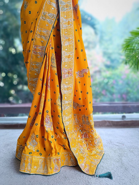 Kavira Mustard Bandhej Saree with Zari Weaved Border