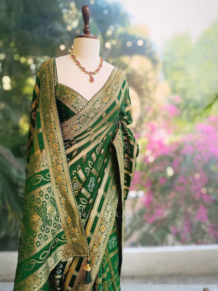 Rangriti Green Bandhani Saree with Gota Border