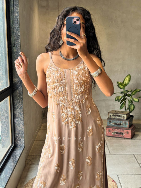 Solira Coral  Brown Rayon Kurta Pant Set with Chikankari Work