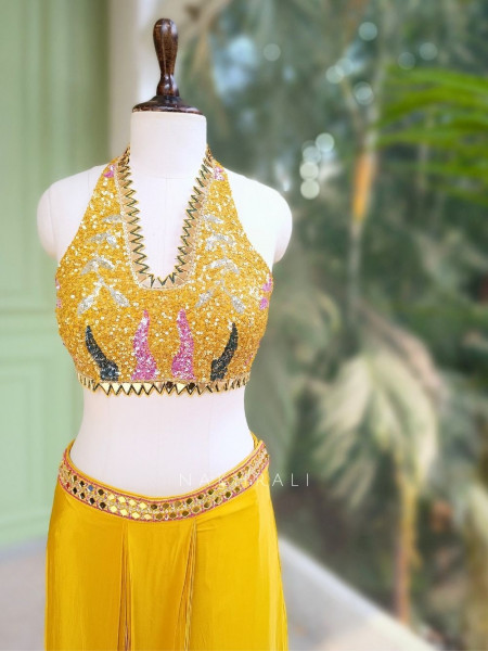 Willow Yellow Halter Indo-Western Set with Cape Shrug