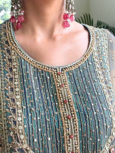 Falak Tissue Silk Heritage Sea Green Suit Set