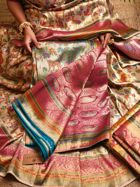 Vantara Rama Zari Weave Saree with Animal Motifs