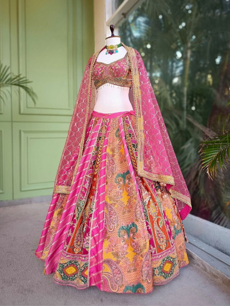 Elvaira Magenta Lehenga Set with Multicolor Patchwork and Sequin Embroidery