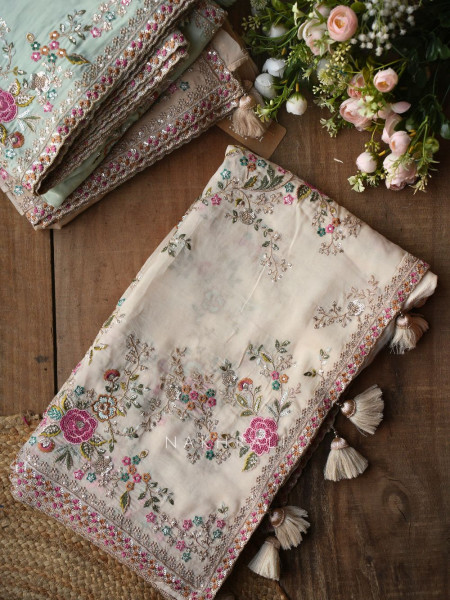 Whispers of Spring Cream Saree with Heavy Floral Thread Work and Readymade Blouse