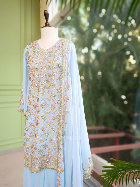 Nivora Sky  Blue Suit Set with Gota Mirror Work