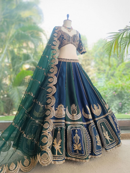 Nishika Navy Blue & Emerald Green Silk Satin Lehenga