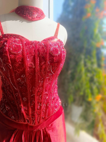 Zevika Red Corset Skirt Set with Sequin Work